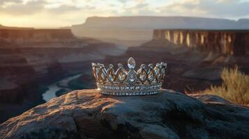 A crown sits on top of a rock in the desert photo