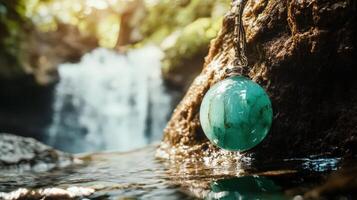 A turquoise stone is sitting on a rock near a waterfall photo