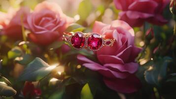 A pair of red diamond rings are sitting on top of some pink flowers photo