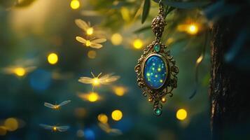 A necklace with a blue stone on it is surrounded by fireflies photo