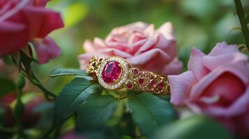 A pink diamond ring sits on top of pink roses photo