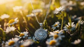 A necklace with a flower on it sits in a field of daisies photo