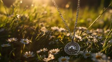 A necklace with a sunburst on it sits in a field of daisies photo
