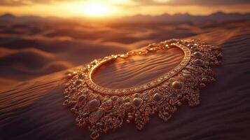 Gold necklace in the desert at sunset photo