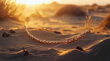 A gold chain is laying in the sand photo