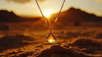 A necklace with a tear shaped pendant on a desert photo
