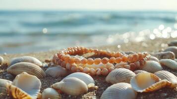 A bracelet and seashells on the beach photo