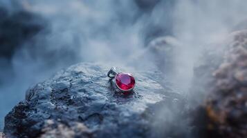 A red stone is sitting on top of a rock photo
