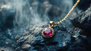 A pink stone pendant on a gold chain photo