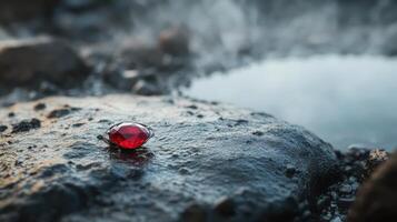 A red ball sitting on a rock in the middle of a lake photo