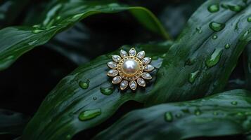 A gold ring sitting on top of green leaves photo