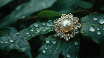 A gold and pearl brooch on a leaf photo