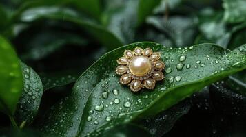 A gold brooch with a pearl sitting on top of green leaves photo