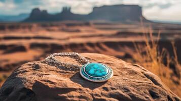 A turquoise stone pendant sits on a rock in the desert photo