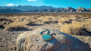 A turquoise pendant sits on a rock in the desert photo