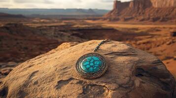 A turquoise stone pendant on a rock in the desert photo