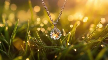 A necklace with a clear crystal on it in the grass photo