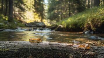 A wedding ring sits on a log in the woods photo