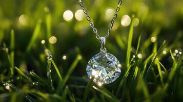 A diamond pendant sitting in the grass photo