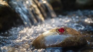 A red stone on a rock in a stream photo