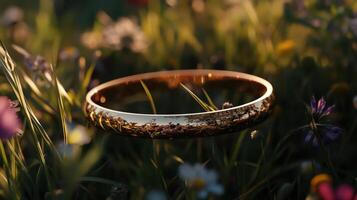 A ring is sitting in a field of flowers photo