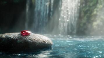 A red stone sits on top of a rock in the water photo