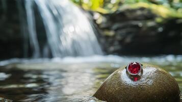 A red stone sitting on a rock in a river photo