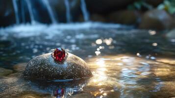 A red ring sitting on a rock in a stream photo