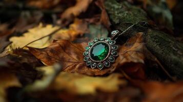 A green stone pendant laying on the ground surrounded by autumn leaves photo