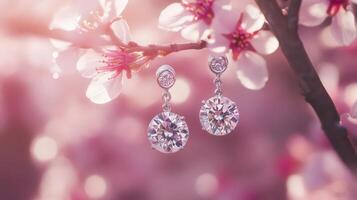 Diamond earrings on a cherry blossom branch photo