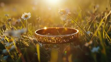 A wedding ring is sitting in a field of daisies photo