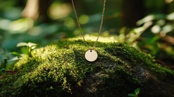 A gold disc necklace sits on top of a rock photo