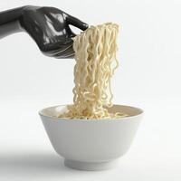 A hand holding a bowl of noodles over a white background photo