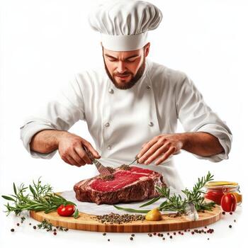 A chef cutting a steak on a cutting board photo