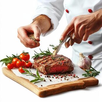 Chef preparing steak on cutting board with herbs and spices photo