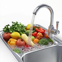 A sink filled with vegetables and fruits photo