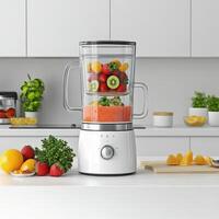A blender with fresh fruits and vegetables in it photo