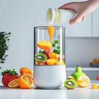 A blender is filled with fruit and juice photo