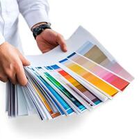 Person holding a stack of colorful color swatches photo