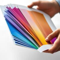 Hands Holding A Colorful Spectrum Of Paper Samples photo