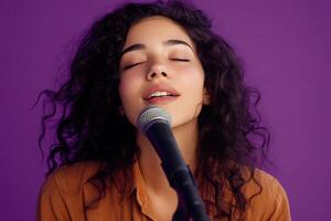 A woman with her eyes closed singing into a microphone photo