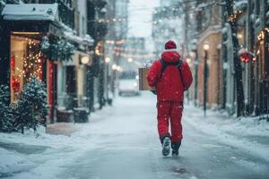 Santa Claus delivers Christmas gifts in snowy streets photo
