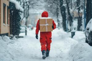 Delivery Person Walking Through Snowy Street Carrying Package photo