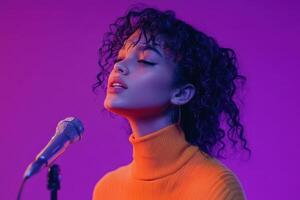 Woman with curly hair singing into a microphone photo