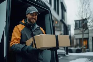 Happy Delivery Driver Holding Package Outside photo