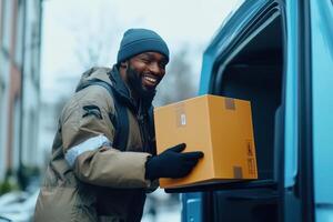 Happy Delivery Man Loading Package Into Van photo
