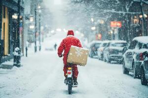 Red coated delivery person biking through snowy street photo
