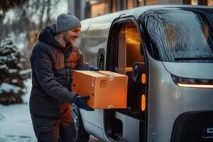 Man loading package into electric delivery van photo