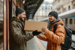 Two men exchange a cardboard box at a train station photo