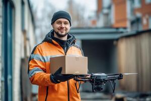 Delivery Worker Holding Package and Drone photo